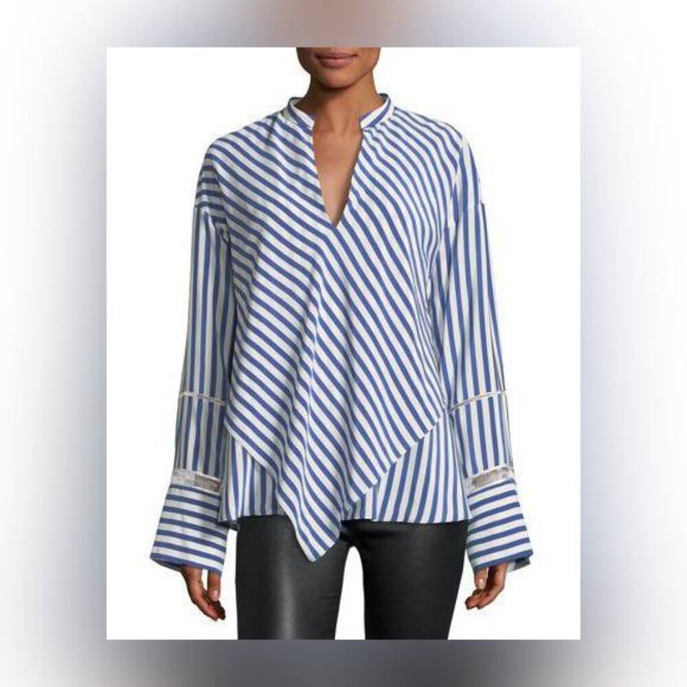 Derek Lam 10 Crosby White and Blue Striped Silk Lace-Inset Layered Blouse